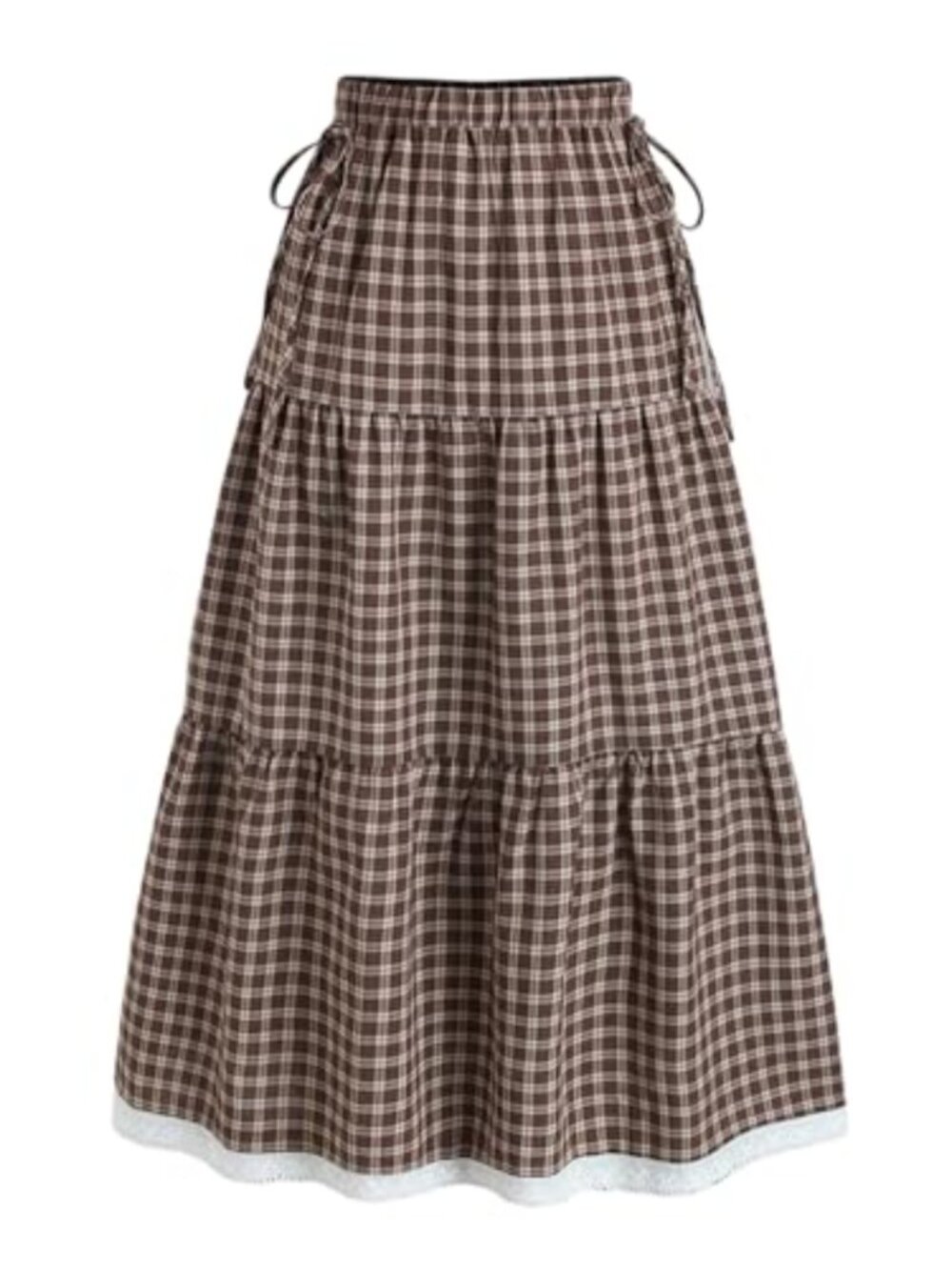 Plaid Lace Trim Tiered Midi Skirt Tie Knot Elastic Waist Polyester